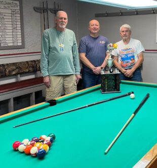 Left to right: Bill Vandermay (2nd place), Brad Ohlhauser (1st), and Jack Roth (3rd) - 8-Ball Tournament on Jan. 15, 2025